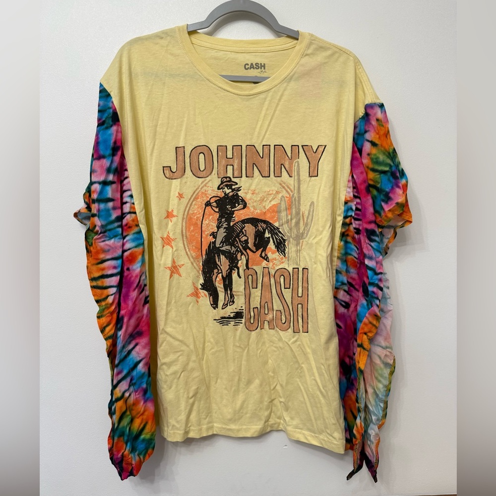 Upcycled Johnny Cash Graphic T-Shirt with Tie-Dye Sleeves - Picture 1 of 4